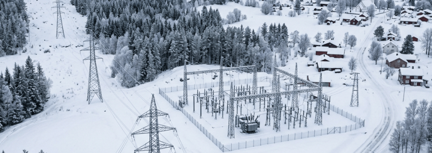 Electrical power substation surrounded by snow-covered landscape and village houses